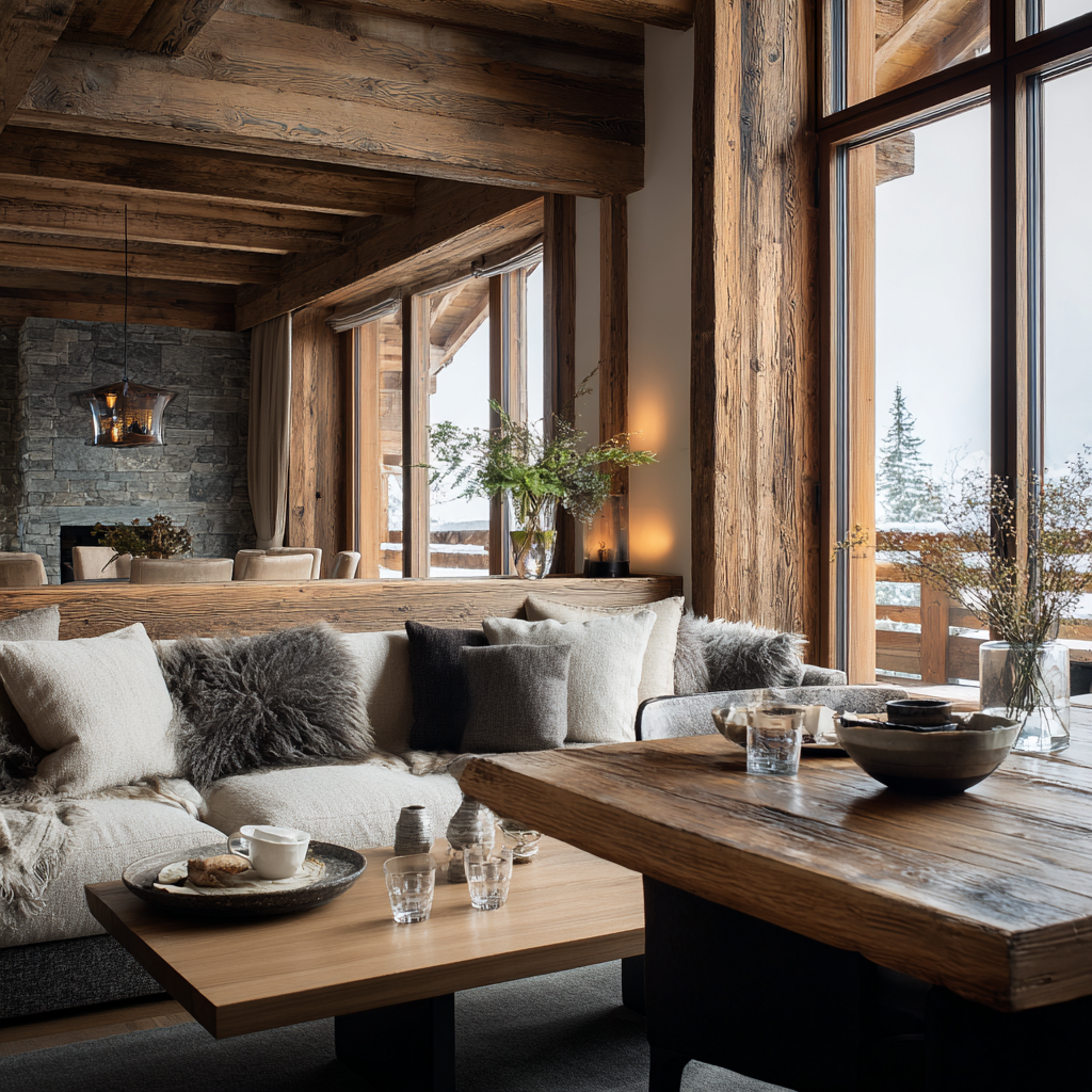 Warmly lit interior of a luxury alpine chalet