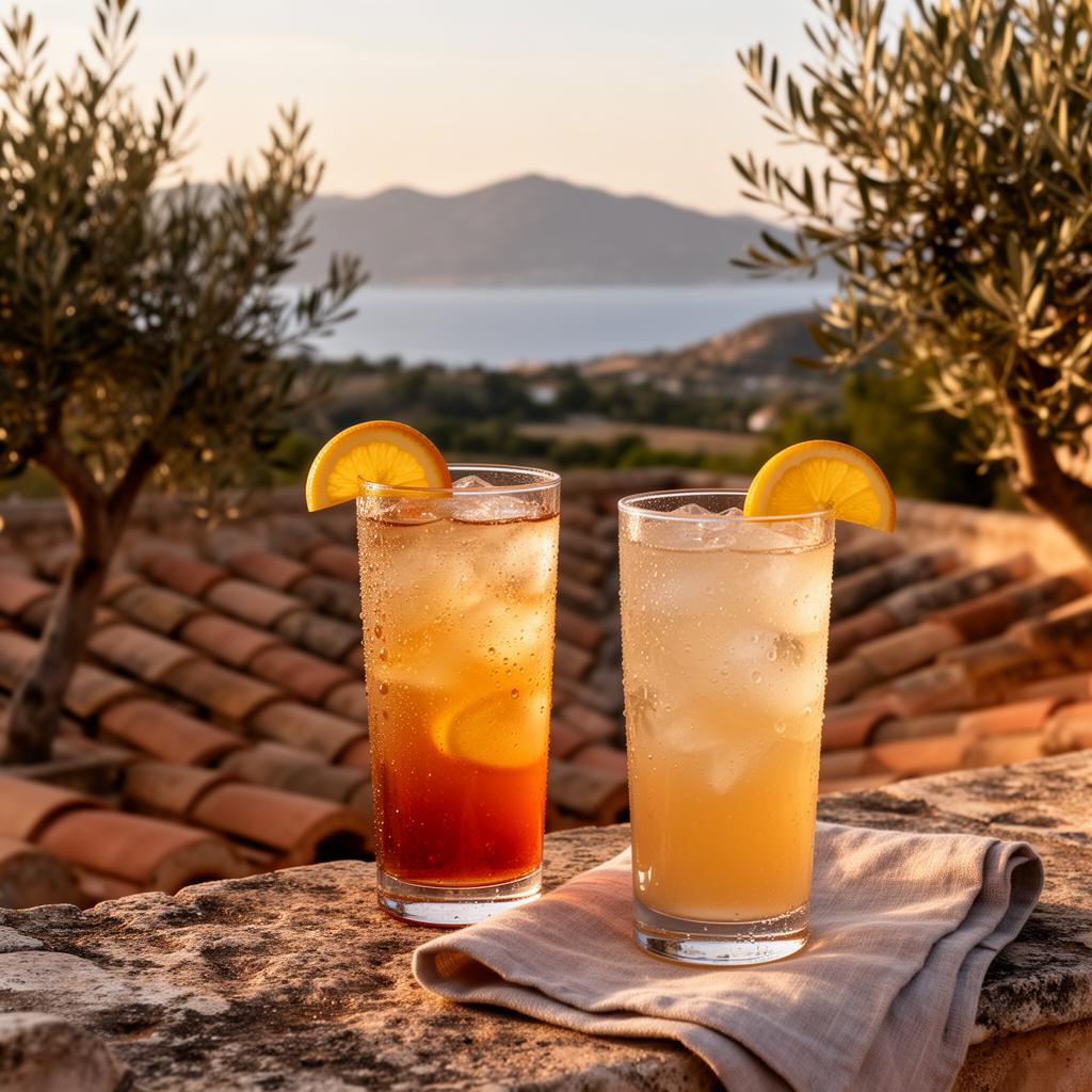Two cocktails on the stone rooftop of a Mallorcan finca at golden hour with olive trees and the sea beyond